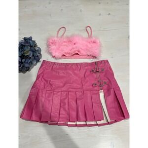 SHEIN Pink Faux Leather Pleated Mini Skirt M Feather Crop Top S